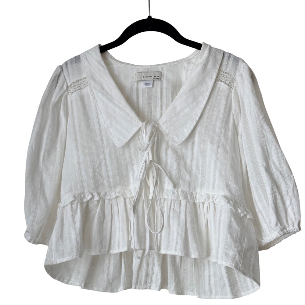 Band of the Free White Cotton Tie Front Peplum Blouse Cottagecore Babydoll Sz S